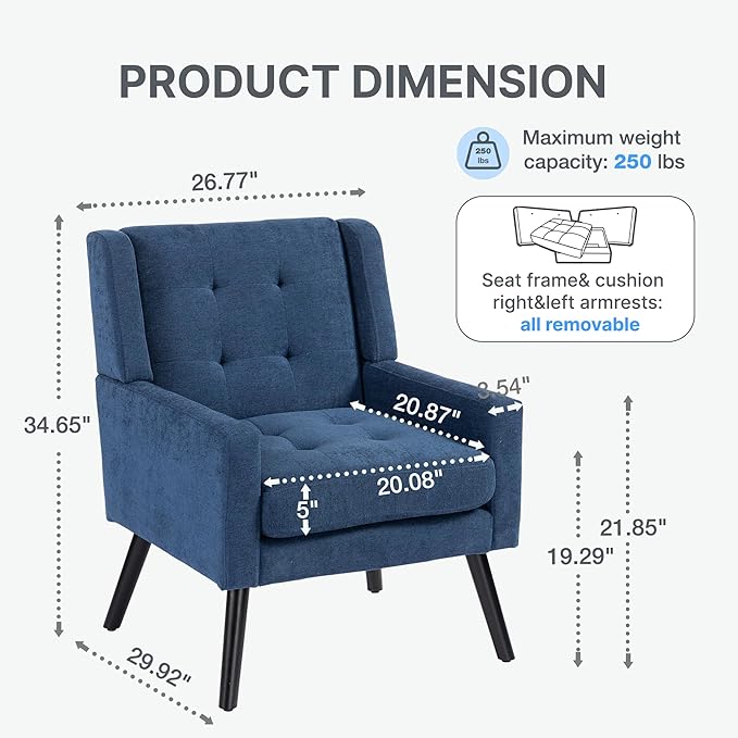 Mid-Century Modern 47 Small Loveseat &amp Accent Chair Combo Set Plush Linen Fabric with Button Tufted High Back &amp Solid Wood Legs for Apartment Living Room Bedroom Home Office (Blue 2-Piec