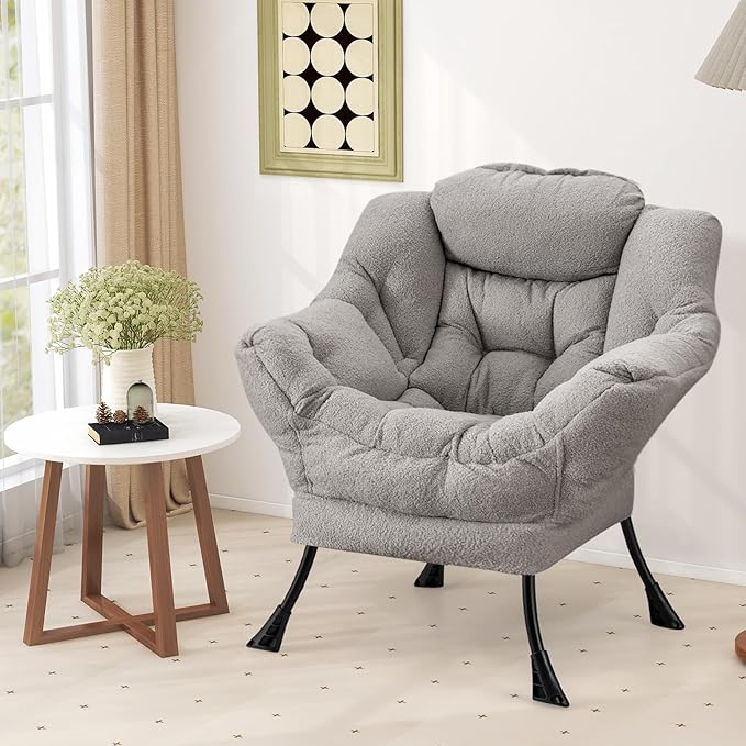 Giantex Lazy Chair Modern Sherpa Accent Chair w/Steel Frame Upholstered Single Sofa Chair w/Armrests &amp Side Pocket Leisure Reading Lounge Chair for Living Room Bedroom Office Dorm (Gray)