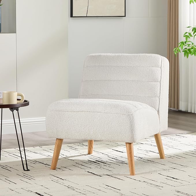 Mlmh &amp Kngwa 24.4 W Mid Century Modern Accent Chair Armless Accent Chairs Comfy Upholstered Reading Chair Chenille Vanity Chair for Living Room Bedroom Ivory