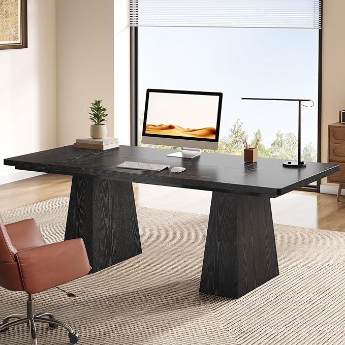 Tribesigns 63-Inch Executive Desk Modern Black Office Computer Desk with Sturdy Double Pedestal Large Study Writing Table Simple Workstation for Home Office