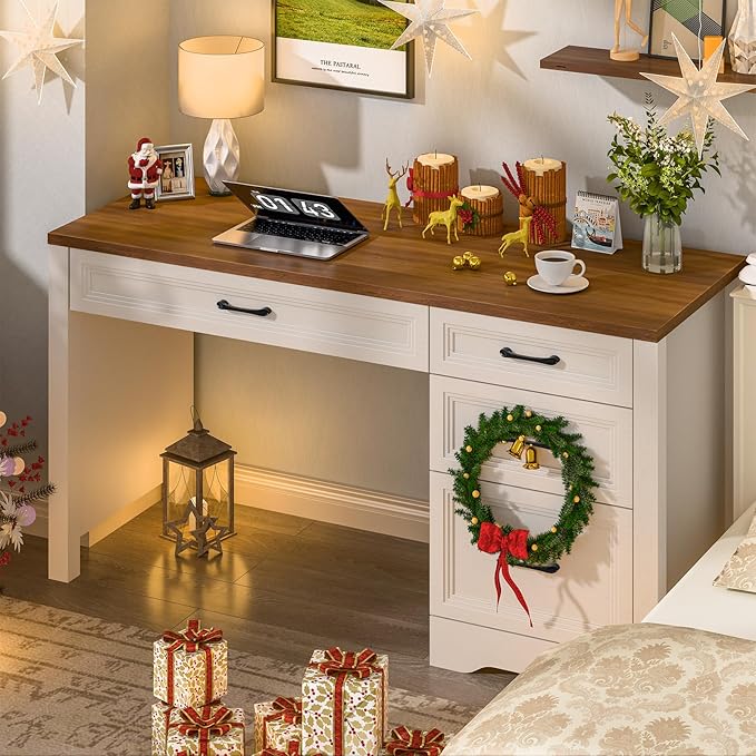 Vabches Farmhouse Executive Desk with Storage and Ample File Drawer Rustic Large Home Writing Desk for Bedroom White