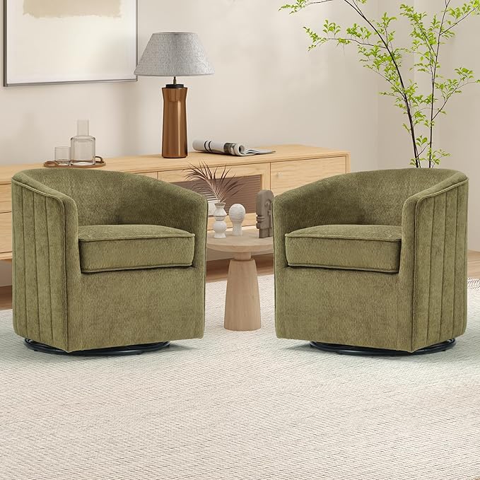CANMOV Swivel Accent Chair for Multi-Scene Use 360 Degree Club Chair with Ottoman Set Comfy Fabric Barrel Reading Chairs with Simple Line Design for Living Room Bedroom Round Reading Chair Green