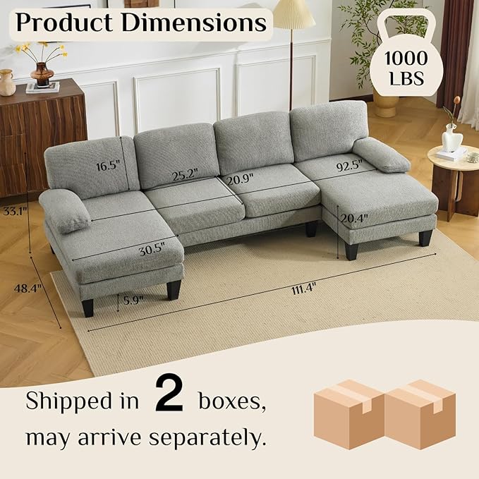 Karl home 110 Sectional Couches for Living Room U-Shape Sofa with Chenille Upholstery 4 Seat Sofa Set with Double Chaises &amp Wood Grain Legs for Apartment Dusty Gray