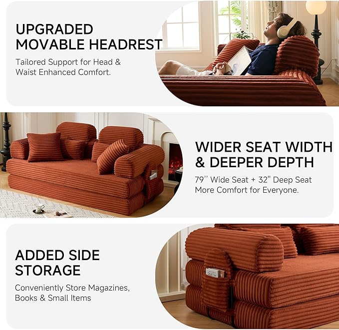 79 Sofa Bed Deep Seat 32 Sleeper Sofa 5-in-1 Convertible Sofa Bed Boneless Couch in a Box Corduroy Floor Futon with Thickened backrest and Headrest Pillows Side Pockets Orange | 32 Deep Seat