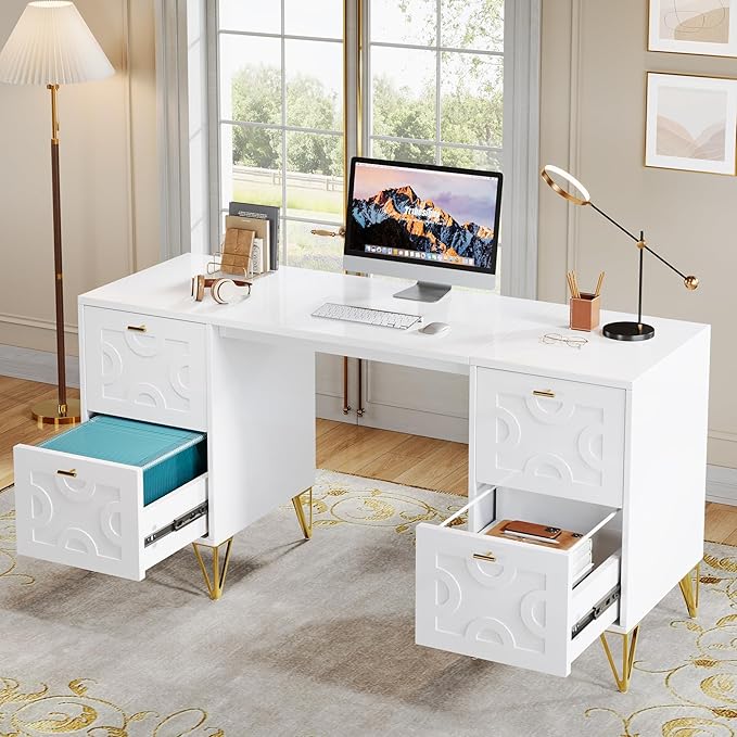 Tribesigns White Executive Desk 59 White and Gold Modern Desk with 4 File Drawers Luxury Writing Table Elegant Computer Office Table for Home Office Study Bedroom