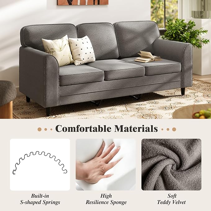 Giantex 3 Seater Couch - 79” Mid Century Modern Upholstered Sofa with Armrests Sturdy Legs Teddy Fleece Comfy Couches for Living Room Bedroom Small Space Apartment and Office (Gray)