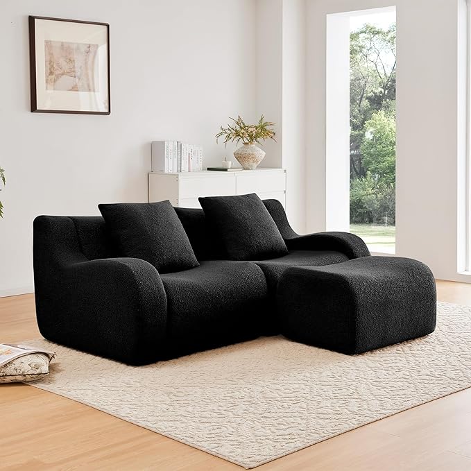 Modular Sectional Sofa for Living Room 82.7 L-Shaped Loveseat Cloud Couch with Movable Ottoman 2-Seat Teddy Fabric Boneless Sofa Curved ArmrestStreamlined Ergonomic Design