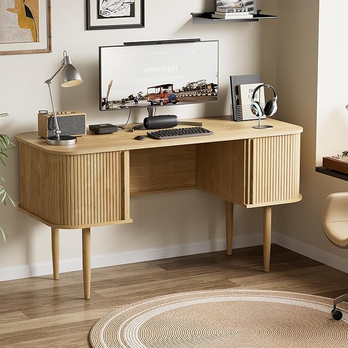 55 Modern Writing Desk with Sliding Doors Wood Home Office Desk with Storage Computer Desk for Study Living Room Dorm Natural