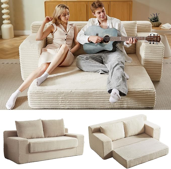 70.87 Loveseat Sofa Bed - Corduroy Upholstered Comfy Deep Seat &amp Modern Design - Small Space Friendly No Assembly Needed - Ideal for Living Room Bedroom Apartment Home Office Beige