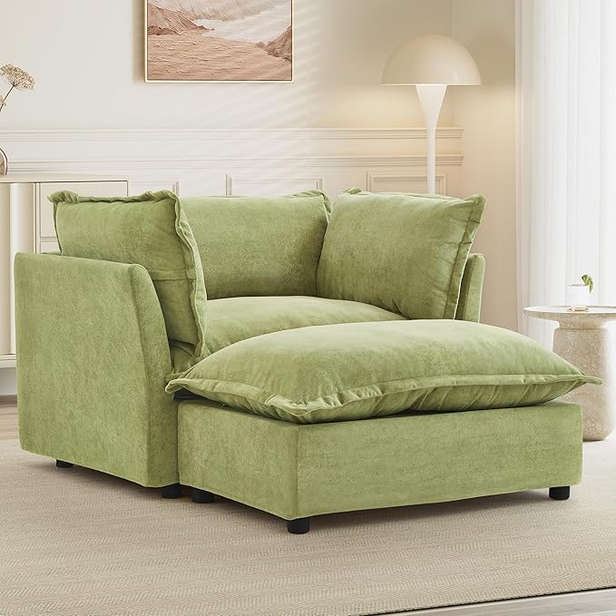 Merax Modern Armchair Sofa 47 Cozy Upholstered Sofa Chair with Movable Ottoman Wide Seat Curved Armrests and Soft Pillows for Living Room BedroomGreen