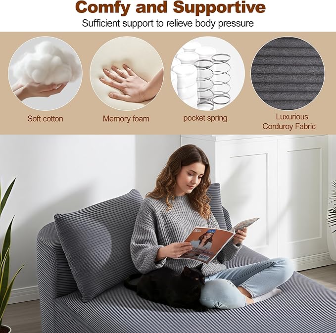 Chaise Lounge Chair Indoor 67.5 Oversized Boneless Couch Could Comfy Upholstered Sleeper Sofa Bed Corduroy Plush Modern Curved Floor Sofas Chair with 2 Pillows for Readng Living Room Bedroom Apartment
