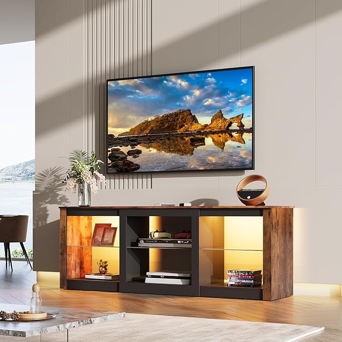WLIVE Modern LED TV Stand for 65 70 Inch TV 58 Entertainment Center with Adjustable Glass Shelves &amp RGB Lights Wood Media Console Table for Living Room Bedroom Gaming Room Rustic Brown