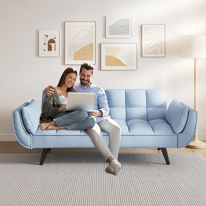 KINFFICT 57 inch Blue Futon Sofa Couch Bed Comfy Velvet Upholstered Loveseat Convertible Sleeper Sofa cama with Adjustable Backrest Mid Century Modern Sofas for Living Room Bedroom Small Space