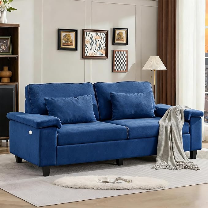 79'' Deep Seat Sofa for Living Room Mid Century Modern 3 Seater Couch with Adjustable Armrests &amp Charging Ports Navy Blue Loveseat for Apartment Home Office
