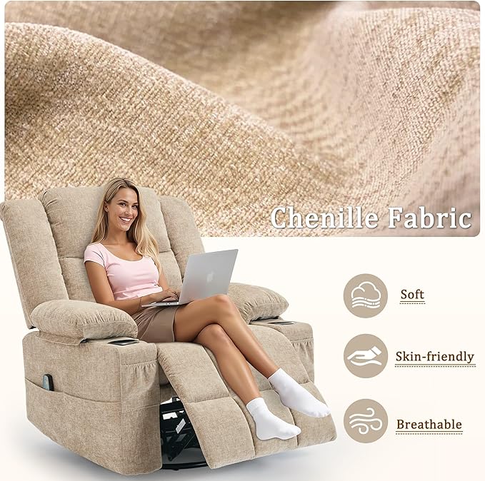 360° Rotating Adult Rocking Recliner Baby Room Glider with Massage and Heating Functions Rocking Chair with Cup Holder Manual Recliner for Living Room and Bedroom (Fabric Khaki)