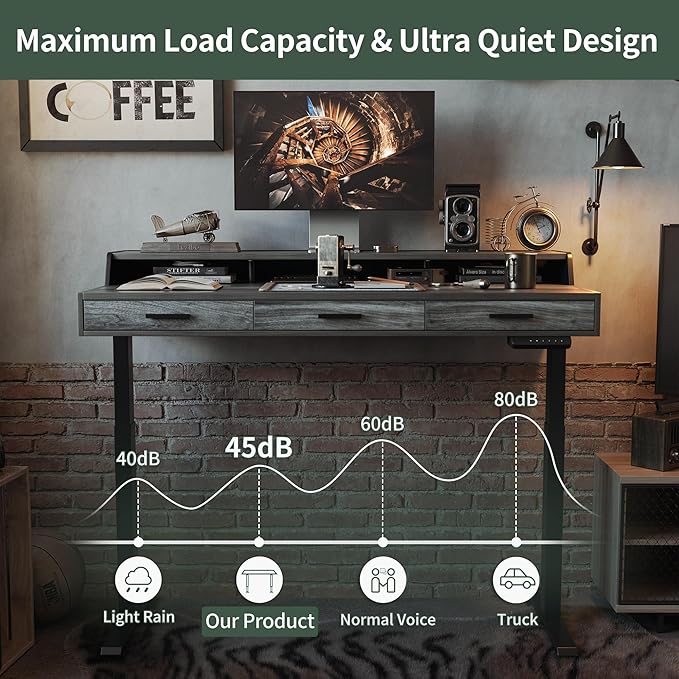CubiCubi Standing Desk 55x26 Inches with 3 Wood Drawers and Monitor Shelf Ergonomic Rising Home Office Desks Height Adjustable Computer Desk Sit Stand Up Electric Workstation Table Rustic Grey