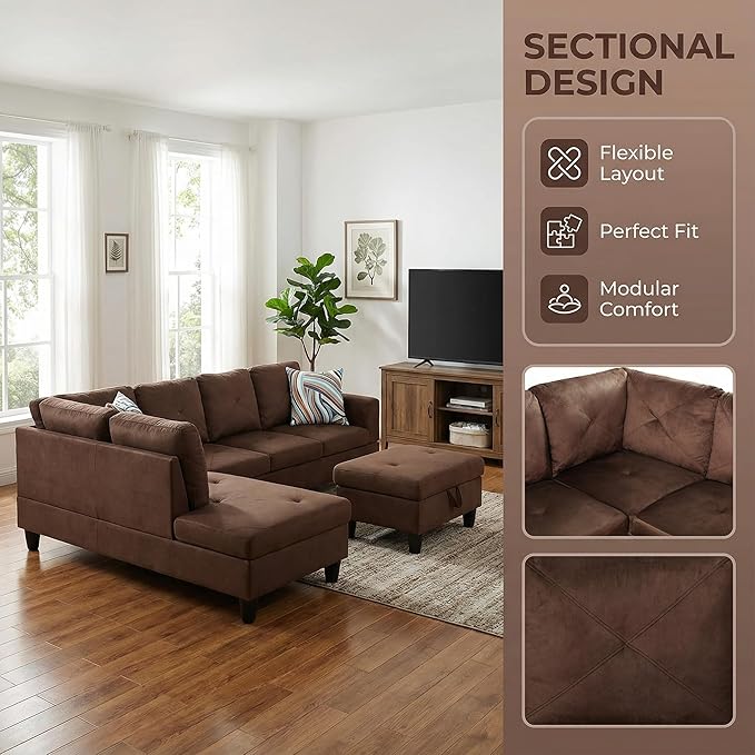 3-Piece L-Shaped Modular Leather Sofa – Convertible Sectional Couch with Movable Chaise &amp Storage Ottoman Multi-Scene Use for Living Room Apartment &amp Office Brown