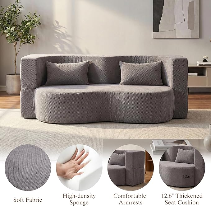 Convertible Sofa Bed 78'' Queen Size Folding Sleeper Sofa with Pillow 2-in-1 Teddy Fabric Boneless Loveseat Floor Couch &amp Mattress for Living Room Guest Room No Assembly Required (Grey)