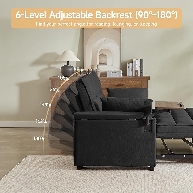 65 Sleeper Sofa Bed Loveseat Convertible Couch for Living Room RV Sofa with Adjustable Backrest Chaise Lounge Side Table USB &amp Type-C Ports