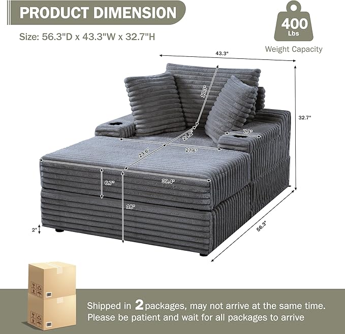 Garvee Grey Oversized Chaise Lounge Chair Indoor with Storage Ottoman Upholstered Corduroy Sofa Bed Cloud Couch with 3 Pillows Single Sleeper Sofa Chair for Living Room Bedroom
