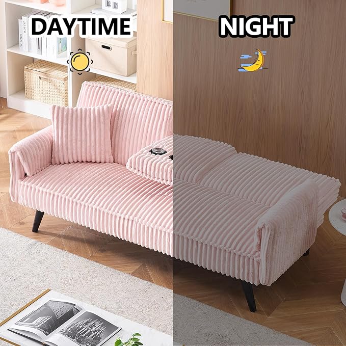 72” Corduroy Futon Sofa Bed with Pillows Modern Convertible Futon Couch with 2 Cup Holders&amp Metal Legs for Small Spaces Living Room Solid Wood Frame (Pink)