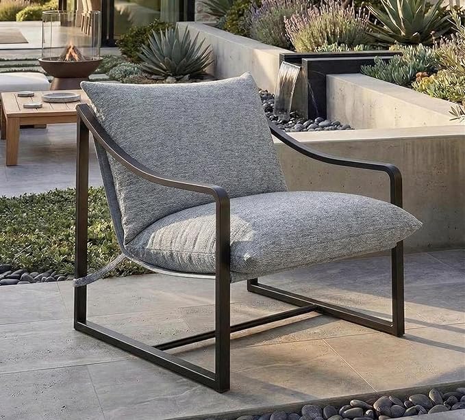 Grey Sling Accent Chair Metal FrameSling Outdoor Chairs with Metal Frame and SOFE Cushion for Garden Patio Living Room &amp Bedroom Easy Assembly-Grey