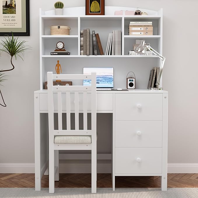 Wooden 40'' Home Office Desks with Bookshelf and Upholstered Chair Versatile Writing Desk Office Study Workstation with 4 Drawers and Storage Shelf for Office Study Room Bedrooms (White-Wood)
