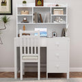 Wooden 40'' Home Office Desks with Bookshelf and Upholstered Chair Versatile Writing Desk Office Study Workstation with 4 Drawers and Storage Shelf for Office Study Room Bedrooms (White-Wood)