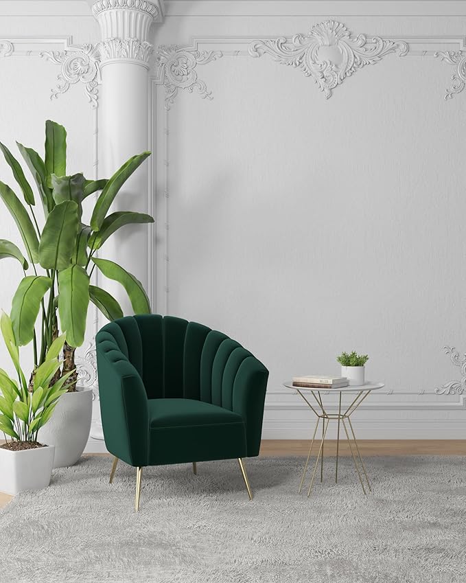 Manhattan Comfort Rosemont Velvet Accent Armchair Scalloped Chair with Mid-Century Modern Shell-Style with Wraparound Back Vertical Channeling Ideal for Living Room Use Set of 1 Green