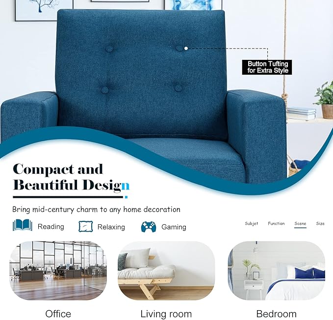 Giantex Set of 2 Modern Accent Chair Upholstered Living Room Chair Button Tufted Single Sofa Couch Bedroom Reading Guest Room Patented Linen Fabric Armchairs with Side Pockets and Wood Legs Blue