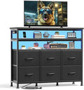 DUMOS TV Stand for Up to 45 inch TV Wood Top TV Media Console Table with 6 Fabric Drawers 2 Shelves Entertainment Center with LED Lights &amp Charging Station for Living Room Hallway Black