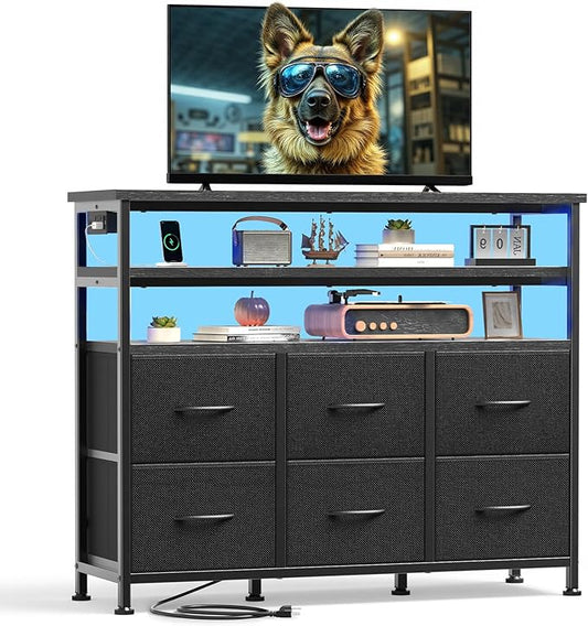 DUMOS TV Stand for Up to 45 inch TV Wood Top TV Media Console Table with 6 Fabric Drawers 2 Shelves Entertainment Center with LED Lights &amp Charging Station for Living Room Hallway Black
