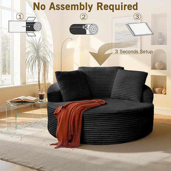 Oversized Round Chaise Lounge ChairCorduroy Cloud Large Circle Sofa Chair No Assembly Required Modern Sleeper Cloud Sofa Couch Bed for Living Room Bedroom Apartment (Black)