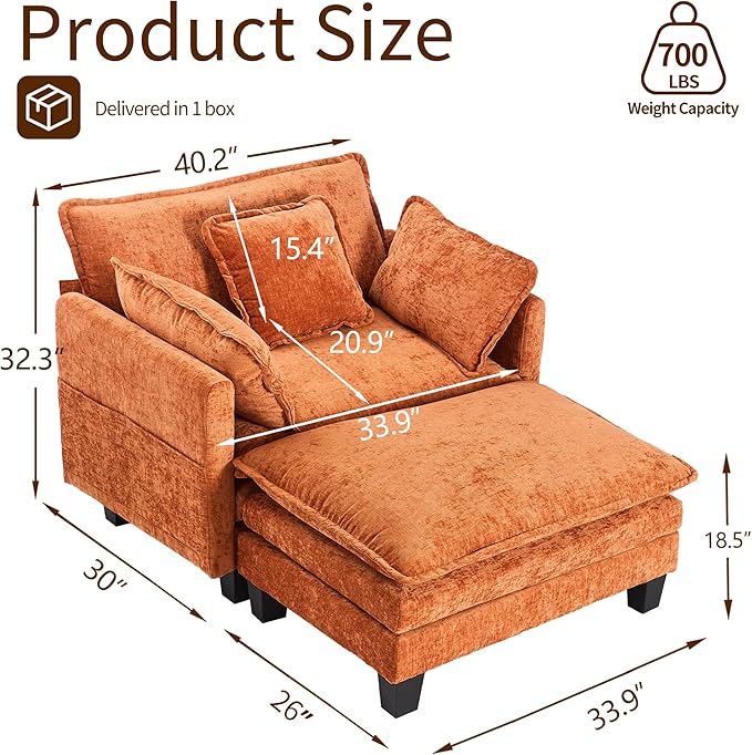 SweetGO corporation 40 Chenille Lounge Chair for Reading Modern Couch Cozy Sofa Bed Upholstered Living Room Single Sofa Accent Chair with Ottoman Orange
