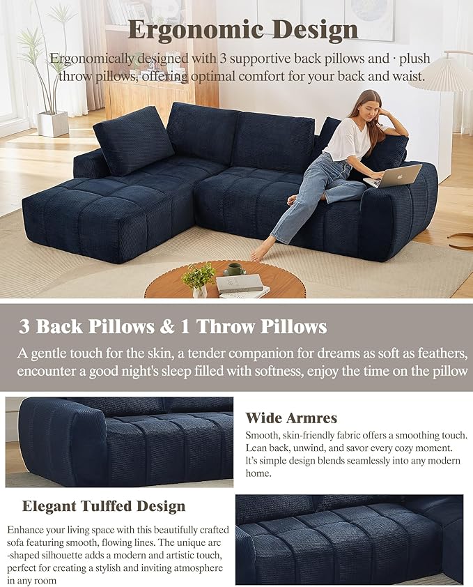 112 Boneless Cloud Modular Sectional Couch for Living Room Left Chaise L Shaped Sofa with Chaise | Faux Fur Fabric | Compressed Foam Sofa for Living Room | No Assembly (Dark Blue-Faux Fur Fabric)