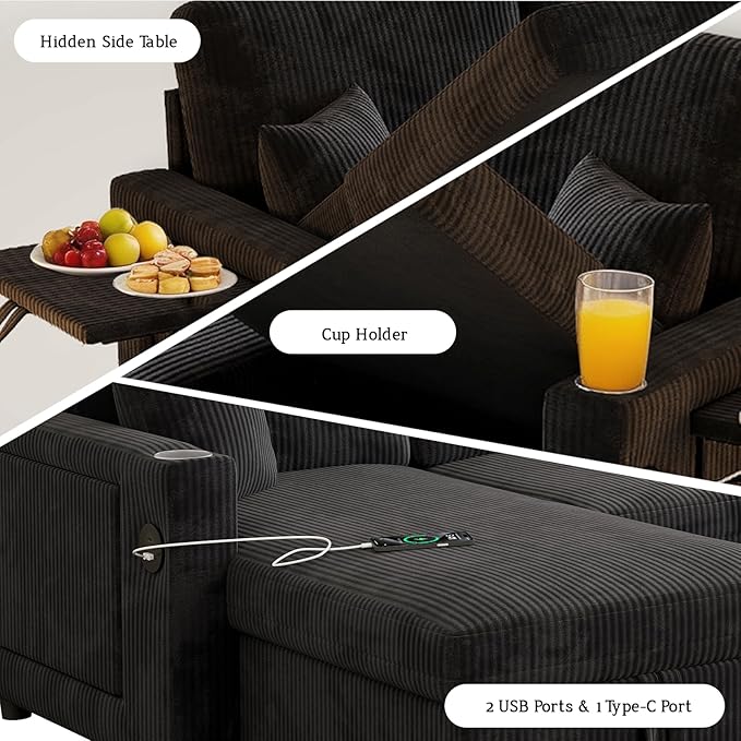 Rovibek 83 Convertible Sofa Bed Couch with Storage &amp USB Port – 4 in 1 L Shaped Sofa with Pull Out Couch Bed Side Table Cup Holder for Living Room Apartment Office Small Spaces Black