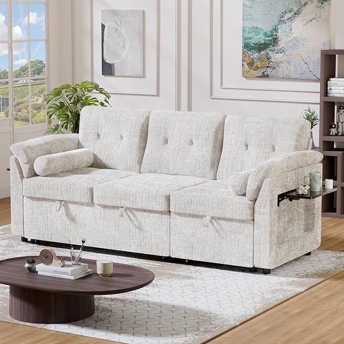 Convertible Queen Sofa Bed 63 Inch Chenille Pull Out Couch with Side Table 3 Seat Pull Out Sofa Bed with Level Adjustable Backrest Comfy Sleeper Sofas for Living Room Apartment Beige