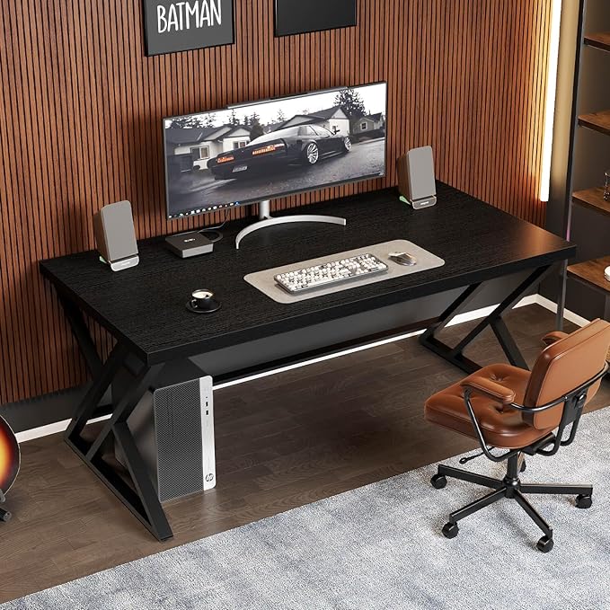 LVB Black Computer Desk Modern Gaming PC Writing Desk for Home Office Metal Computer Study Work Table for Bedroom Industrial Executive Student Simple Workstation Desk 55 in Black Oak