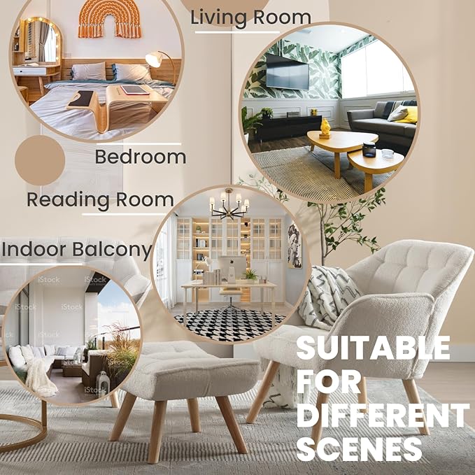 Sherpa Accent Reading Chair with Ottoman Modern Fuzzy Chair with Ottoman Upholstered Armchair with Wood Legs Comfy Lounge Chair for Small Spaces Living Room Bedroom Book Nook White