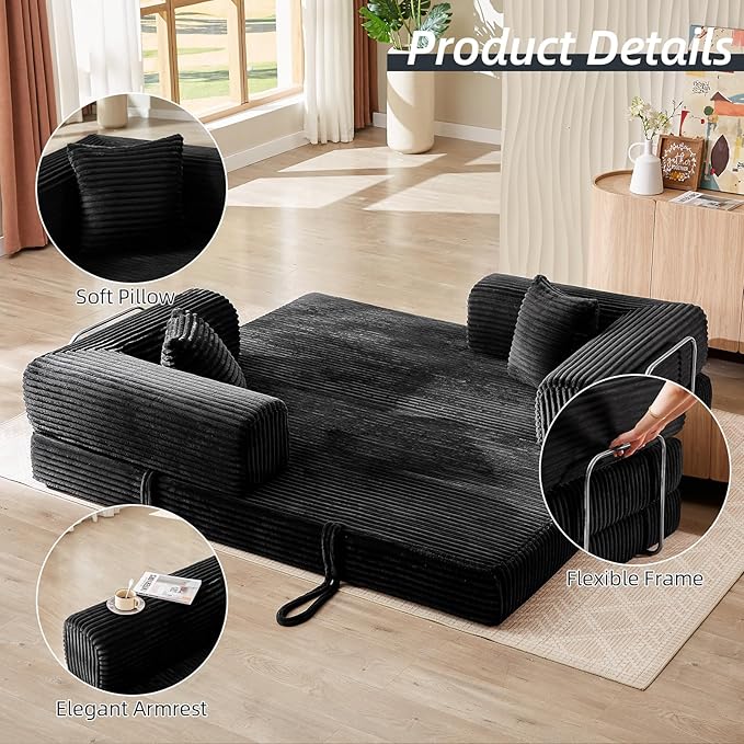 4-in-1 Convertible Folding Sleeper Sofa Bed Plush Corduroy Foldable Mattress Couch with Fixed-Shape Frame Floor Compressed Sofa for Living Room Bedroom (Black)