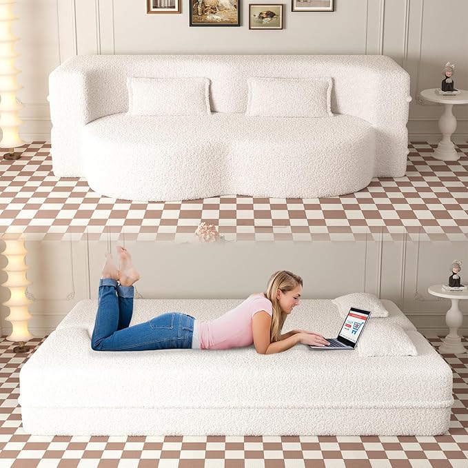 78 Teddy Folding Floor Sofa Couch BedConvertible Folding Sofa Bed Full Size Love Seat Sleeper Bed Floor Sofa Bed with 2 Pillows for Living Room Apartment Office (Beige)
