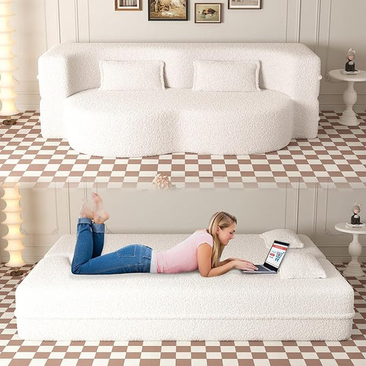 78 Teddy Folding Floor Sofa Couch BedConvertible Folding Sofa Bed Full Size Love Seat Sleeper Bed Floor Sofa Bed with 2 Pillows for Living Room Apartment Office (Beige)