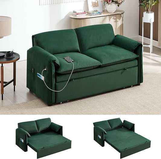 63 Velvet Pull Out Sofa Bed 3-in-1 Convertible Futon Loveseat Queen Sleeper Sofa Couch Bed with Adjustable Backrest USB Ports &amp Side Pockets Modern Sofas for Living Room Apartment Green