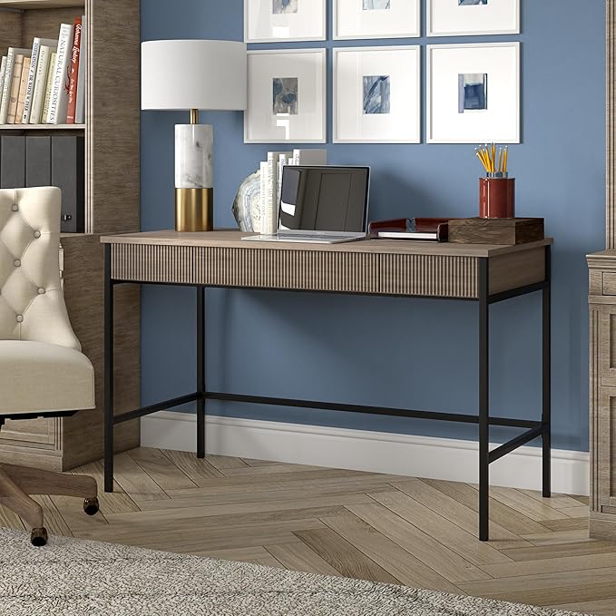 Henn&ampHart 48 Fluted Mid-Century Modern Rectangular Wooden Home Office Desk Computer Desk Writing Table with 3 Ribbed Storage Drawers for Bedroom Living Room or Home Office Weathered Gray