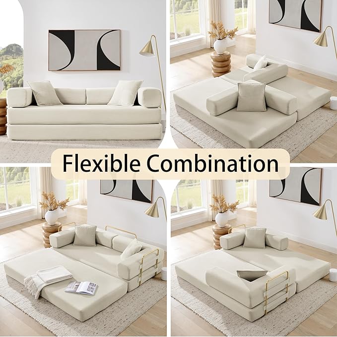 Folding Sofa Bed Convertible Sleeper Sofa Bed with Gold Fixed-Shape Frame Corduroy Floor Couch Lazy Compression Sofa for Living Room Bedroom Home Theater Beige