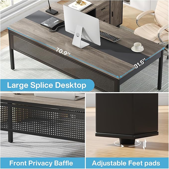 Tribesigns 71 inch Executive Desk L-Shaped Desk with Mobile File Cabinet Executive Office Table with 2 Drawers and Storage Shelves Business Furniture Workstation for Home Office Grey and Black