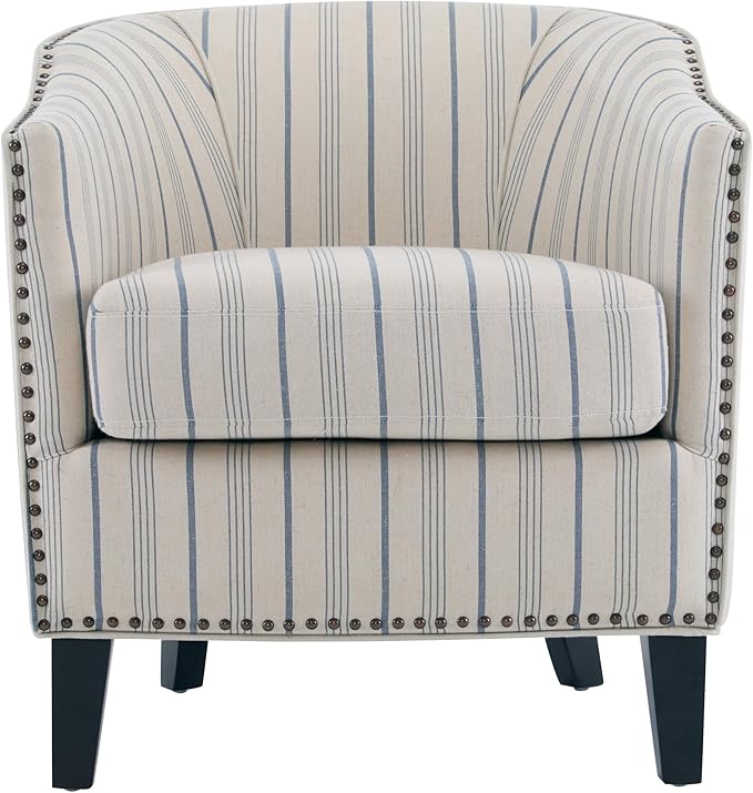 Christopher Knight Home Austin Fabric Upholstery Wood Frame Club Chair Stripes Pattern and Channel Stitching Living Room Barrel Chair Comfy Armchair Tub Design with Removable Cushion Beige + Blue