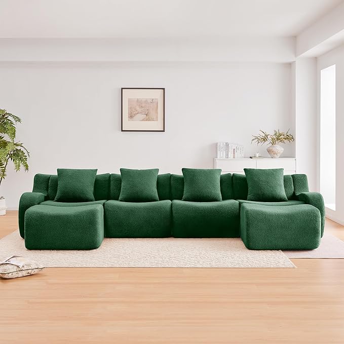 KEIKI 148 U-Shaped Oversized Teddy Modular Sectional Sofa with 2 Ottoman &amp High-Density Foam Cushions &amp Curved Armrest &amp 4 Pillows Streamlined Design Boneless 4-Seater Couch for Living