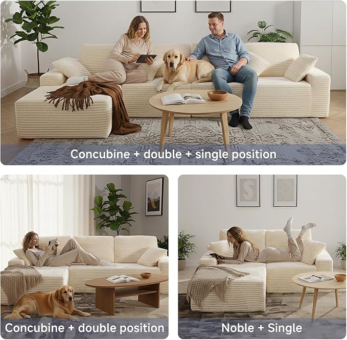 105 Cloud Modular Boneless Couch Left Facing L-Shaped Chaise Sectional Sofa - No Assembly Required Plush Corduroy &amp Memory Foam for Living Room Bedroom Apartment (Beige)