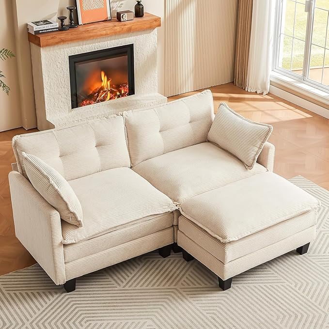 Modular Sectional Sofa 76.5 L-Shaped Corduroy Comfy Sectional Couches for Living Room 2-Seater Cloud Couches with 1 Movable Ottoman Flexible Combination Modern Deep Seat Sofa (Beige)